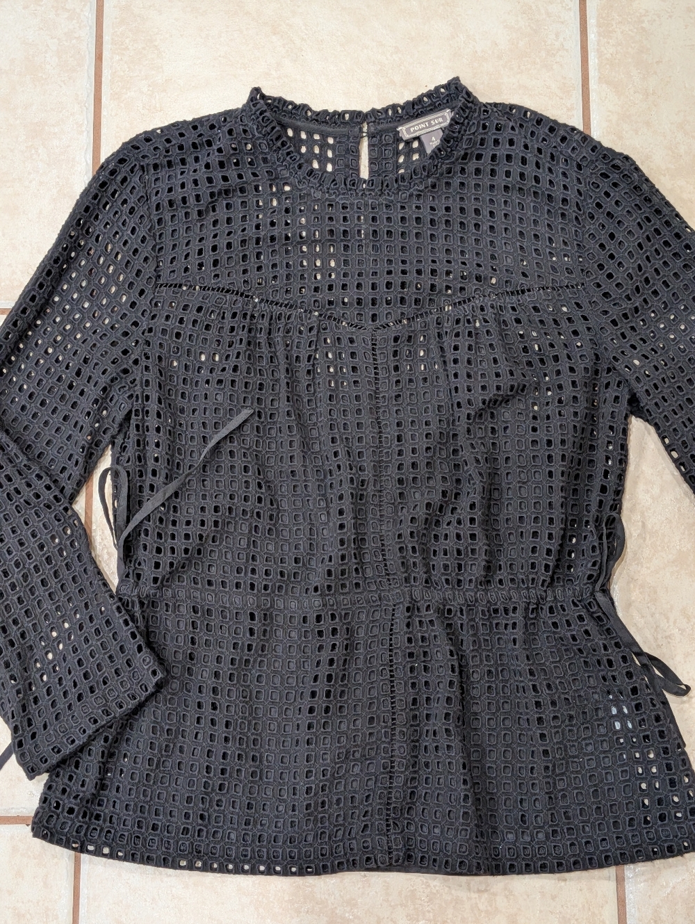 Point Sur Long Sleeve Black Eyelet Blouse Size 4